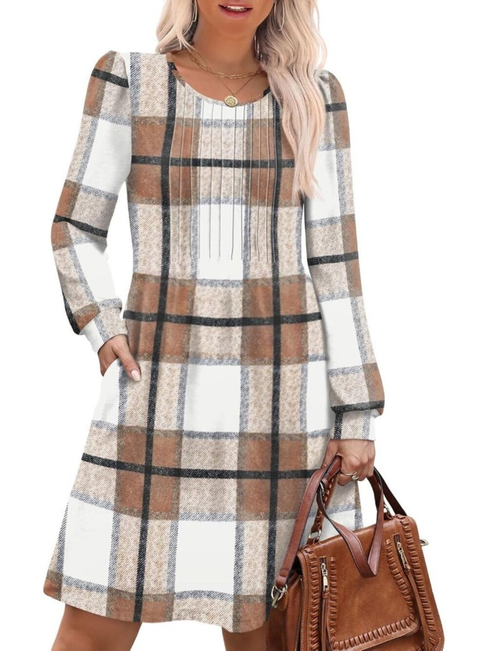 Women's Biege Plaid Pleated Crew Neck Pockets Fall Baby Doll Sweater Mini Dress
